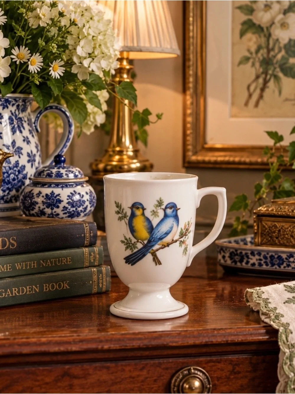 Unique Vintage White Porcelain Bird Footed Mugs with Multicolor Floral Accents